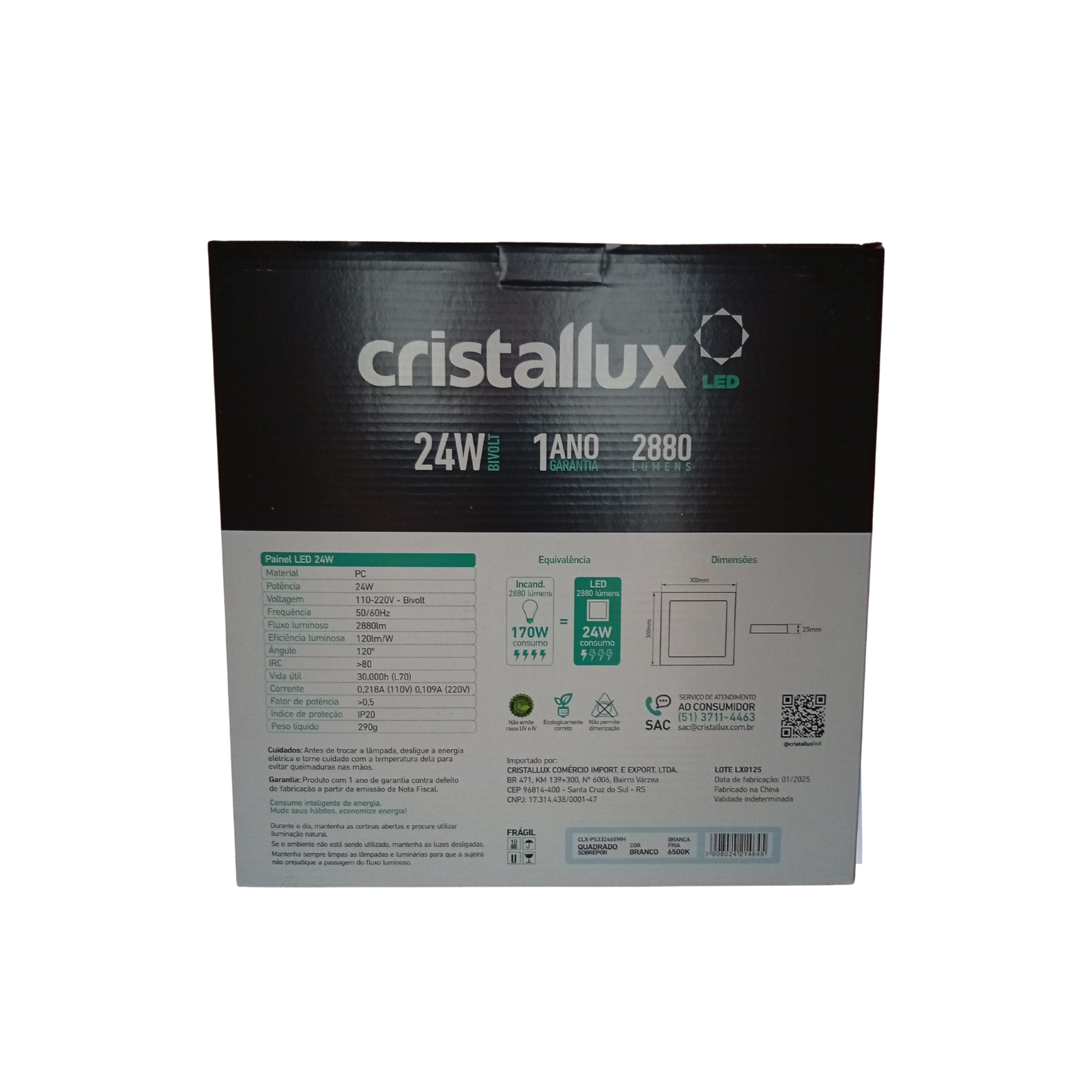 PLAFON LED SOBREPOR QUADRADO 24W 6500K 2880lm 30cm ABS DI-CRISTALLUX - Imagem 2