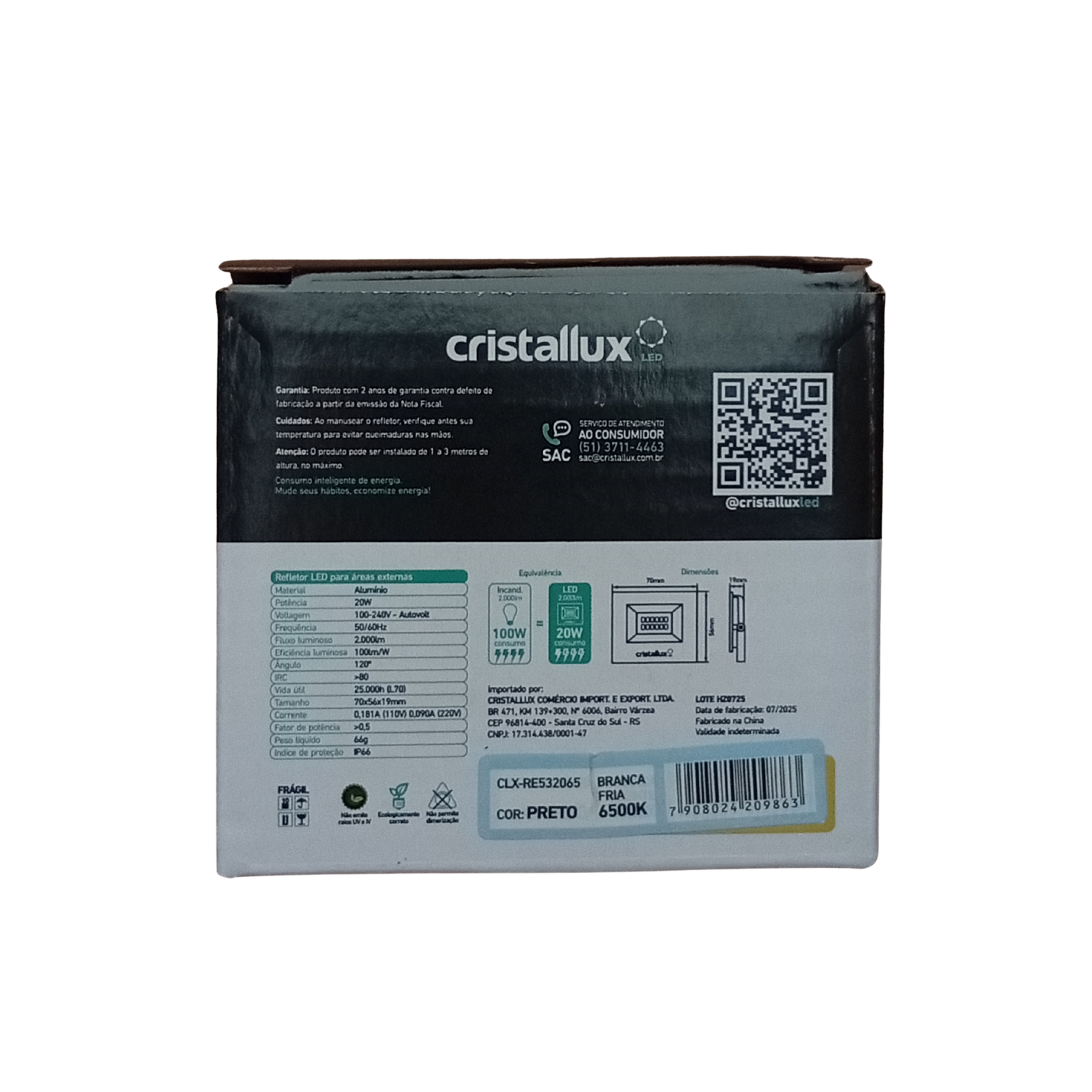 REFLETOR DE LED 20W 6500K 2000lm IP66 CRISTALLUX - Imagem 2